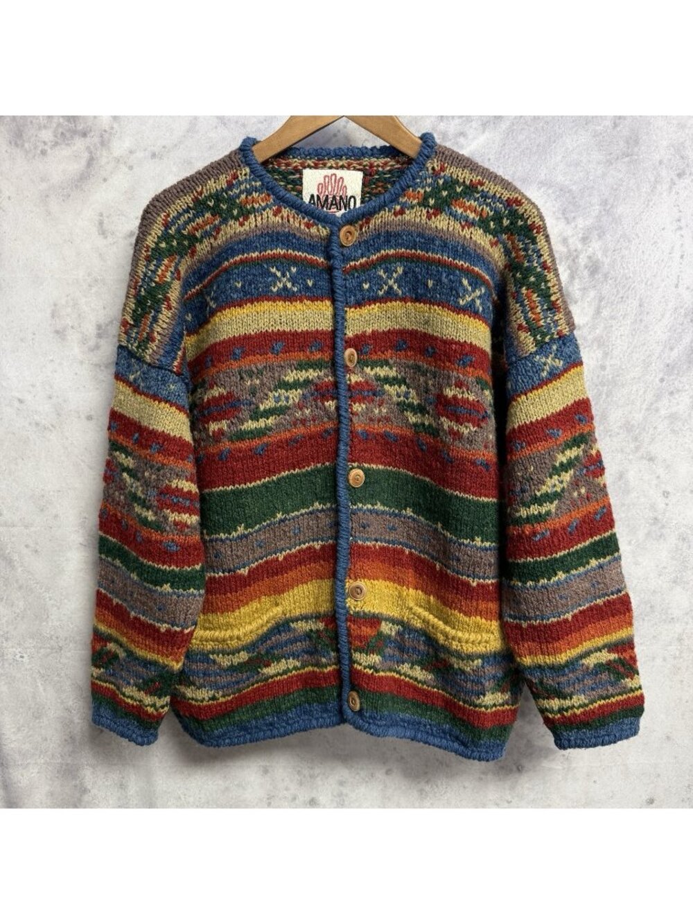 Vintage 90s Amano 100% Wool Cardigan Button Up Multicolor Geometric Large